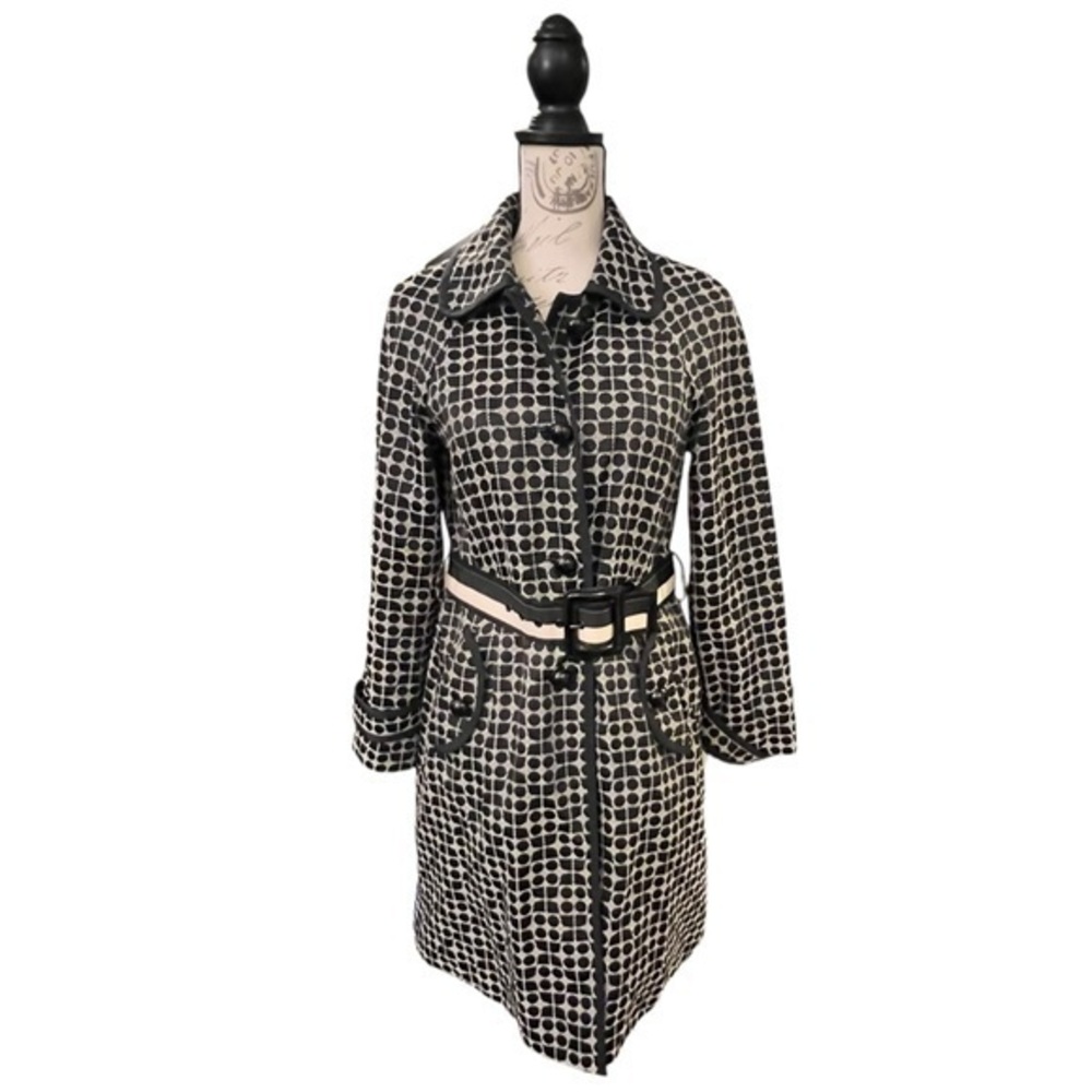 KATE SPADE NEW YORK  Trench Coat Womens Size 4 Belted Black White‎ Patterned EUC